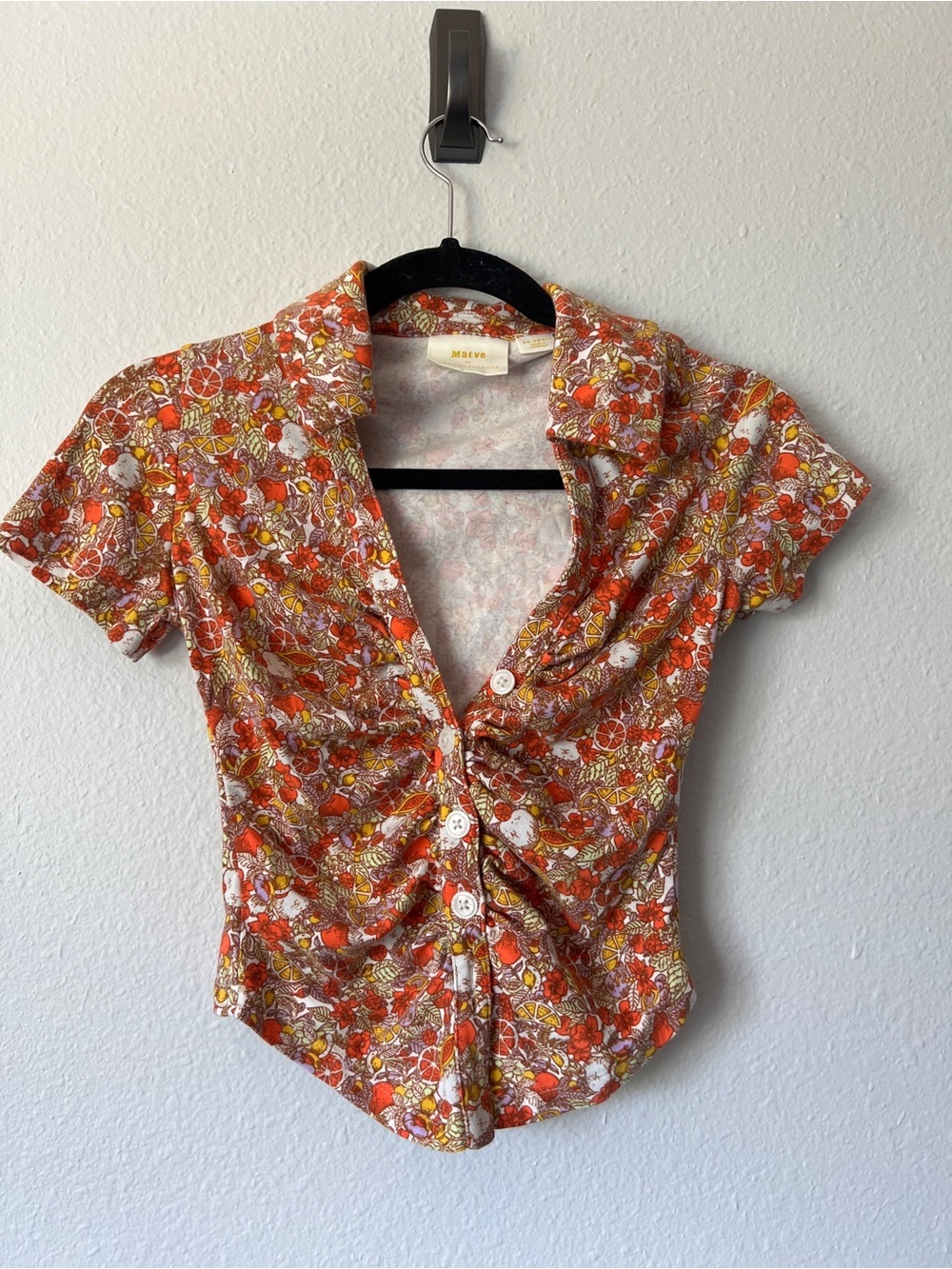 Maeve Orange Floral Ruched Button-Front Short Sleeve Top - Picture 2 of 3